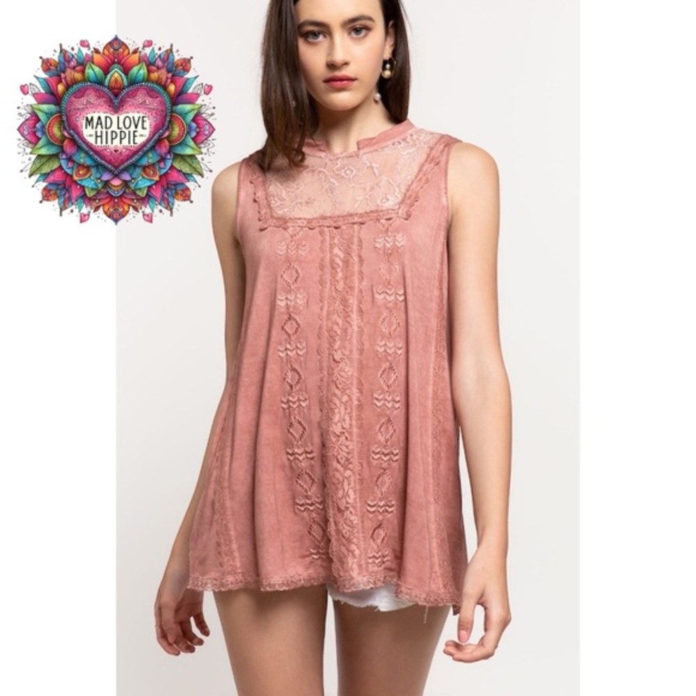 POL Terracotta Sleeveless High Neck Lace & Embroidered Rayon Top